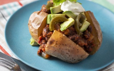 Baked Potatoes with Mexican Beans, Sour Cream and Guacamole