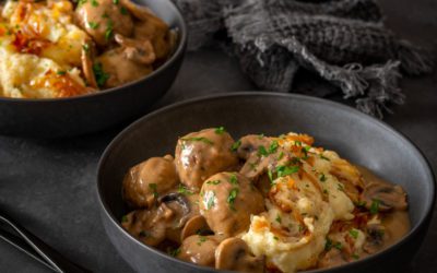 Beef Meatballs with Mushroom Gravy and Sauteed Onion Mash