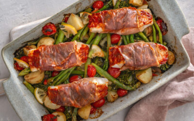 ONE PAN LEMON ROAST POTATOES WITH PROSCIUTTO WRAPPED SALMON