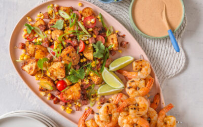 MEXICAN STYLE BBQ’D PRAWN SKEWERS WITH ROAST POTATO, CHORIZO, CHARRED SWEETCORN SALAD